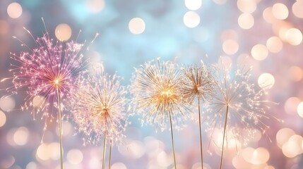 Sparkling fireworks with bokeh light effect against blue background. Golden and pink celebration sparklers with glowing particles. Festive New Year holiday events, wedding. Horizontal banner