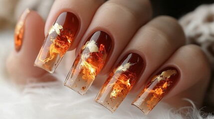  Coffin-shaped nails with gold foil details and watercolor drips. Precise ink lines follow elegant contours, while warm amber and bronze watercolor splashes melt into negative space.