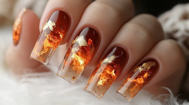  Coffin-shaped nails with gold foil details and watercolor drips. Precise ink lines follow elegant contours, while warm amber and bronze watercolor splashes melt into negative space.