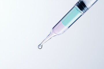 clean minimalistic pipette with single droplet hovering at its tip isolated on pristine white backdrop