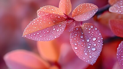 Fototapeta premium Vibrant pink leaves close-up with dew drops capture nature's beauty, dreamlike quality under warm sunlight.