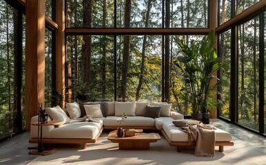 Fototapeta premium A modern living room featuring a nature view, presented in a 3D rendering image, boasts a wooden decor and large windows that overlook the surrounding natural landscape and forest