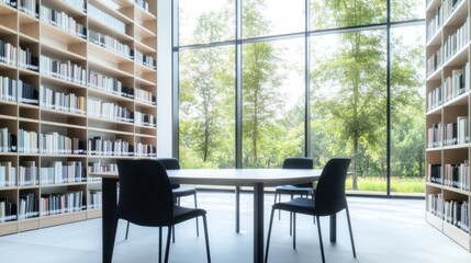 clean modern library interior with sleek bookshelves natural light filtering through large and unoccupied study table