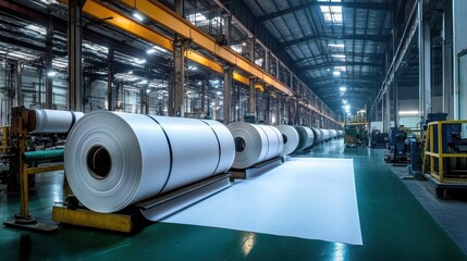 Fototapeta premium Large rolls of thermal paper being produced in a factory setting.