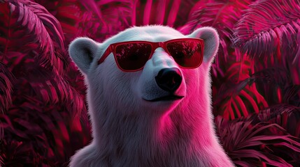 Confidently standing in a vibrant forest setting painted with red foliage, a polar bear wears stylish sunglasses