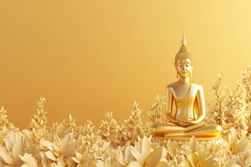 golden buddha statue amidst blooming flowers - peaceful serenity