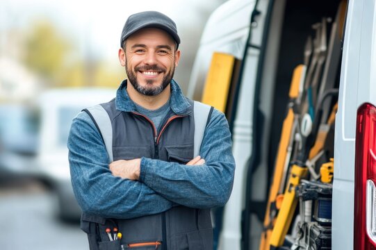 Friendly male technician standing near tools in work van showcasing a positive attitude
