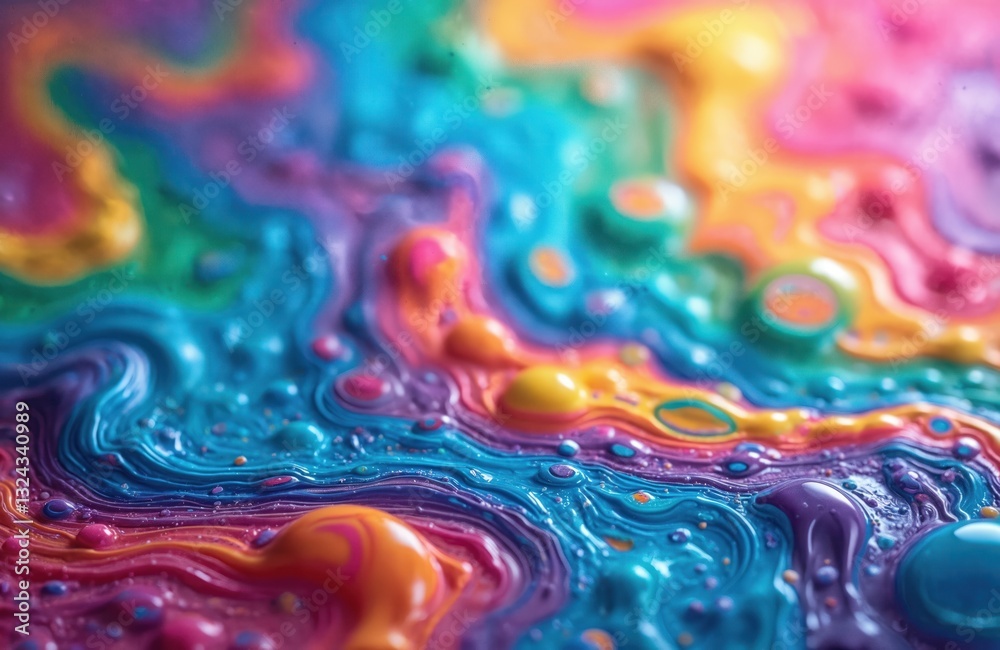 Fototapete Macro photo of psychedelic multicolored abstract background with rainbow colours, patterns. Soap bubbles, oil create creative artistic effect. Surface of interference, crazy neon spectrum of light,