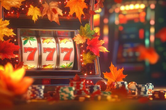 Autumn Themed Slot Machine with Colorful Leaves and Casino Chips in Vibrant Casino Atmosphere