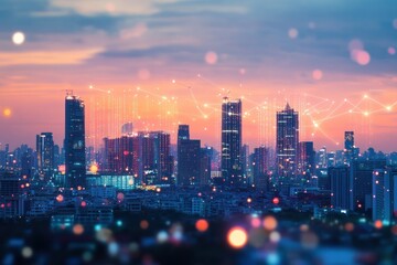 City skyline at dusk with vibrant lights and digital connections over urban landscape at sunset