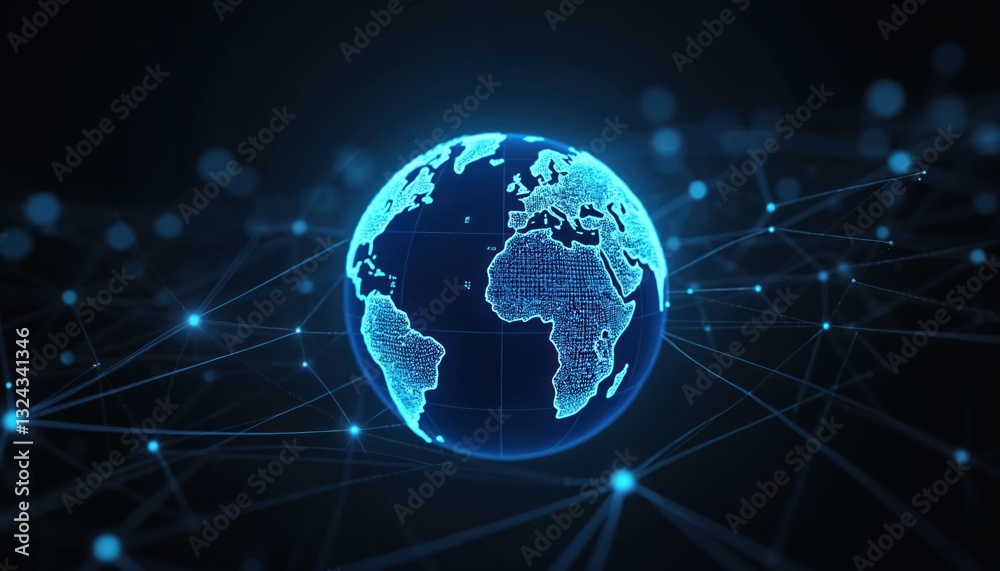 Poster Digital blue glowing Earth render featuring network connection lines. Global communication cyberspace concept, abstract design. Planet sphere shows continents at night in three-dimensional digital