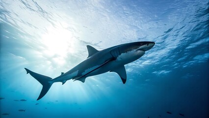 Fototapeta premium Great white shark, a grey predator, swimming underwater in the blue ocean