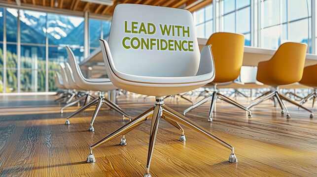 Lead with Confidence: An inviting meeting room with a stylish chair proudly displaying the words "Lead with Confidence," inspiring a sense of leadership and self-assurance.