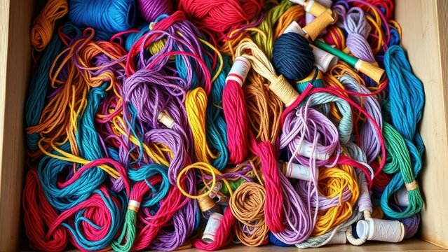 A jumbled assortment of colored string and thread occupy a drawer space, messy storage, DIY material jumble