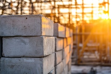 Building Construction Site with Concrete Blocks and Sunset in Background