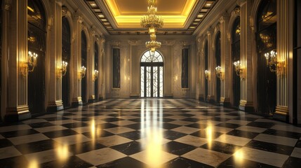 Fototapeta premium Grand ballroom interior, elegant checkered floor, golden chandeliers, arched doorway, luxurious event venue