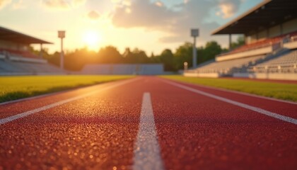 Empty red running track at stadium on sunset. Lanes, green grass, nobody. Sport concept, competition, exercise, success. Sprinting road, racing, athletic, living. White lines pattern, sunny course.
