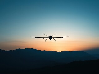 Drone flying at sunset over mountainous terrain, illustrating modern aviation technology.