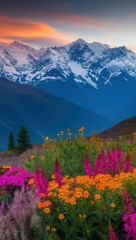 Fototapeta premium poster, postcard mountain landscape sunset sky with flowers and forest on the meadow, beautiful nature in the mountains, flower and green grass, travel and hiking, outdoor active rest, soft light