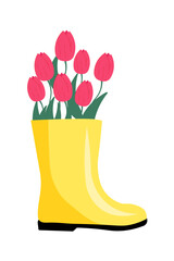 Pink tulips in a yellow rubber boot. Spring composition
