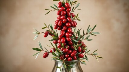 A lush olive garland in a vase forms a Christmas tree shape, festive arrangement, olive garland, red olives