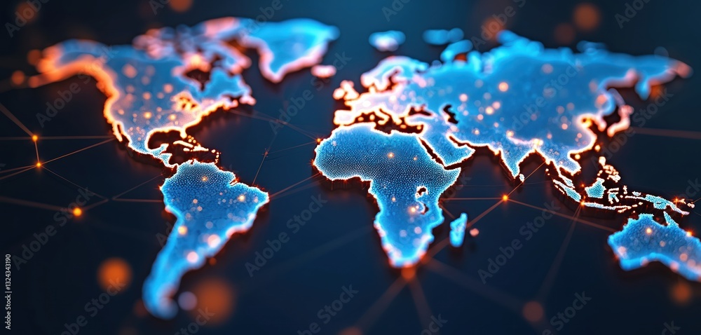 Fototapete World map with glowing nodes connected by lines shows global digital network. Blue globe worldwide connection business, communication, tech. Represents social network, internet infrastructure, data