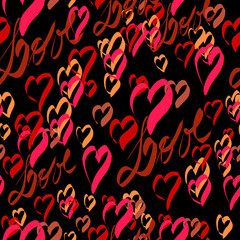 Digital print with heart motifs in shades of red and the word "love" on a black background
