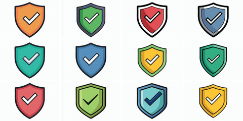 Colorful Shield Icons with Checkmarks - Security and Protection Symbols,shield icons Set,security shield, protection symbol, checkmark shield, verification badge, secure icon