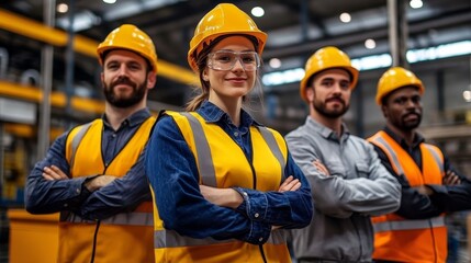 A confident team of professionals in an industrial setting.
