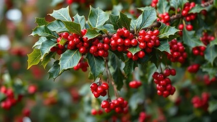 Obraz premium A branch with many holly leaves and red berries hanging down, branch, foliage, berries