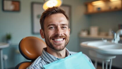 Close-up of happy man smiling in dental chair at clinic. Satisfied patient with perfect white teeth after teeth whitening procedure. Dental care, oral hygiene and professional treatment.