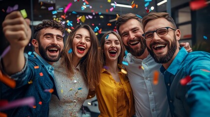 Modern office setting filled with confetti as workers rejoice in success.