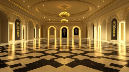 Grand ballroom interior, marble floor, golden accents, elegant chandeliers, event venue