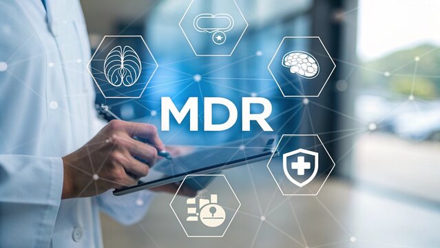 Doctor using virtual touch screen push acronym MDR. Concept of Medical Device Regulation (MDR). Medicine Devices Regulations Service. Healthcare Quality Control.