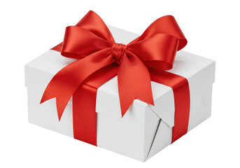Obraz premium A neatly wrapped white gift box with a glossy red ribbon isolated on transparent background
