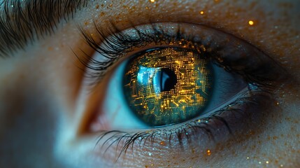 With a golden iris featuring an electronic circuit, a close up of an eye reflects technological advancements in vision and futuristic concepts.