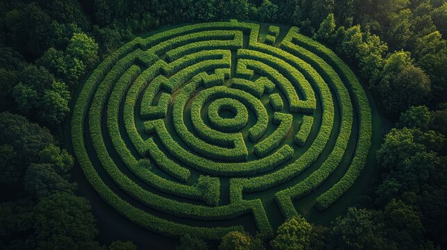Aerial view of a circular hedge maze in a lush forest