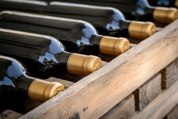 A close-up view of wine bottles arranged on a wooden rack