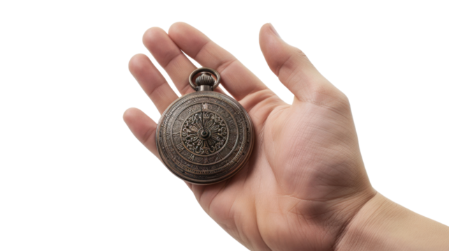 Hand holding vintage pocket watch with transparent background