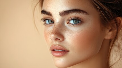 Fototapeta premium Woman breathing profile, nose, lips, eyelashes highlighted on beige. Emphasizing beauty, skincare, cosmetic procedures.