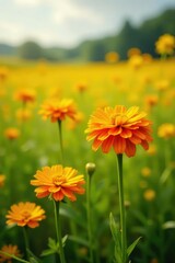 Bright orange chrysanthemum flowers in a lush yellow meadow, wildflowers, yellow