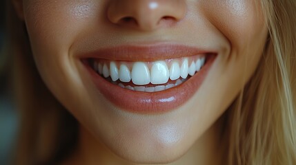 Obraz premium Woman's beautiful smile highlights white teeth with dental mirror, suggesting dental checkup or cosmetic procedure.