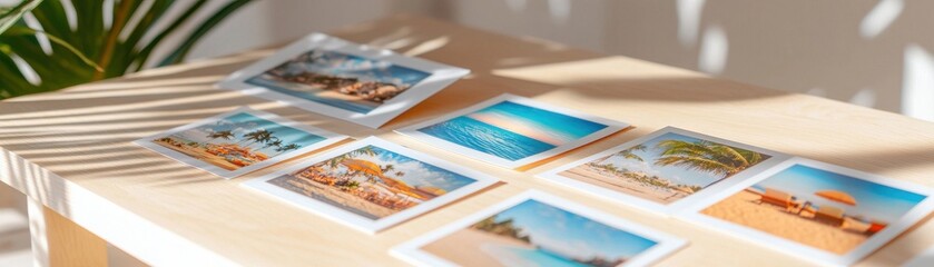 Colorful travel photos displayed on a light wooden table, evoking wanderlust and adventure.