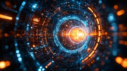 Obraz premium Abstract visualization of a futuristic tunnel with glowing blue and orange lights