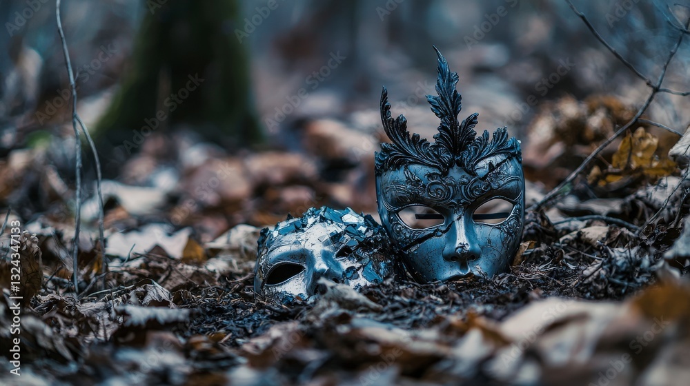 Poster symbolic broken mask on forest floor nature scene artistic photography mysterious atmosphere ground 