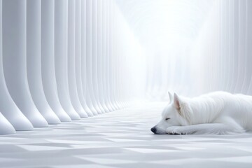 A serene white dog resting peacefully in a minimalist, bright corridor