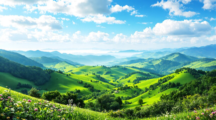 Obraz premium Scenic Green Hills Background with Rolling Mountains and Blue Sky. 