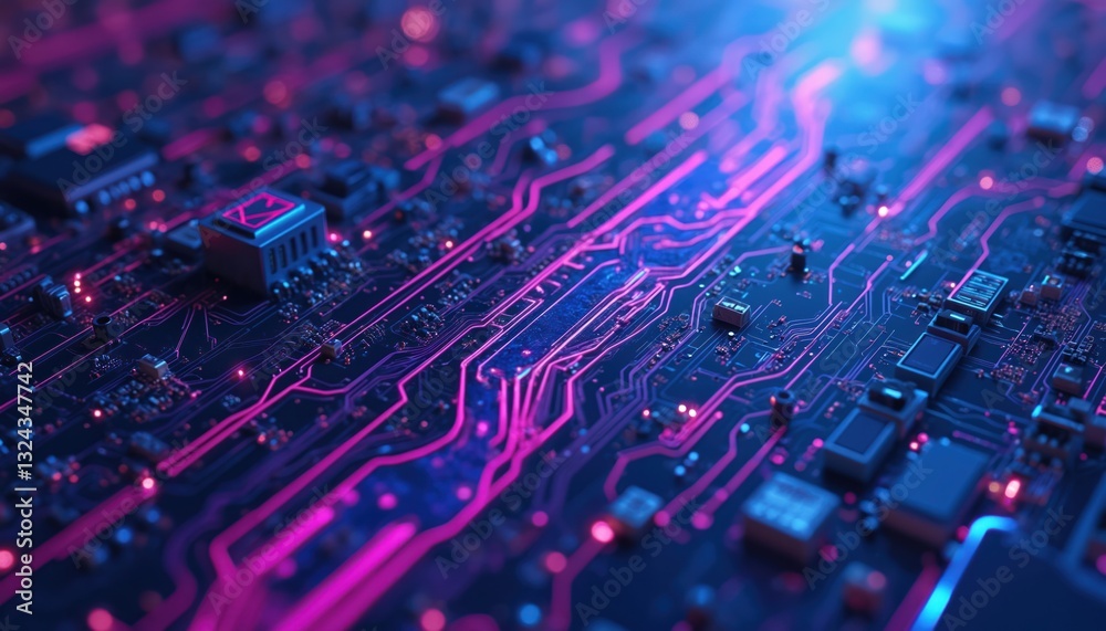 Aufkleber Hi-tech abstract futuristic background with circuit board pattern. Blue, purple neon lights. Digital design illustrates computer hardware, motherboard components, processor microchips, data