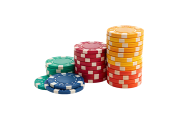 Multicolored poker chips stacked in columns, featuring red, yellow, green, and blue hues with white accents, symbolizing gambling, strategy, isolated on a transparent background