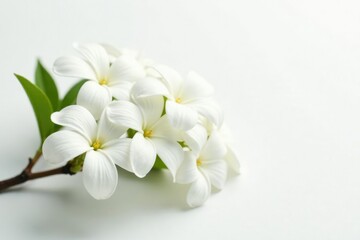 Fototapeta premium Delicate white jasmine flowers bloom in a sparse arrangement on a stark white background, spring, blooms, pure white